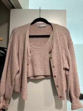 Zara Blush Bouclé Cardigan and Cropped Tank Set